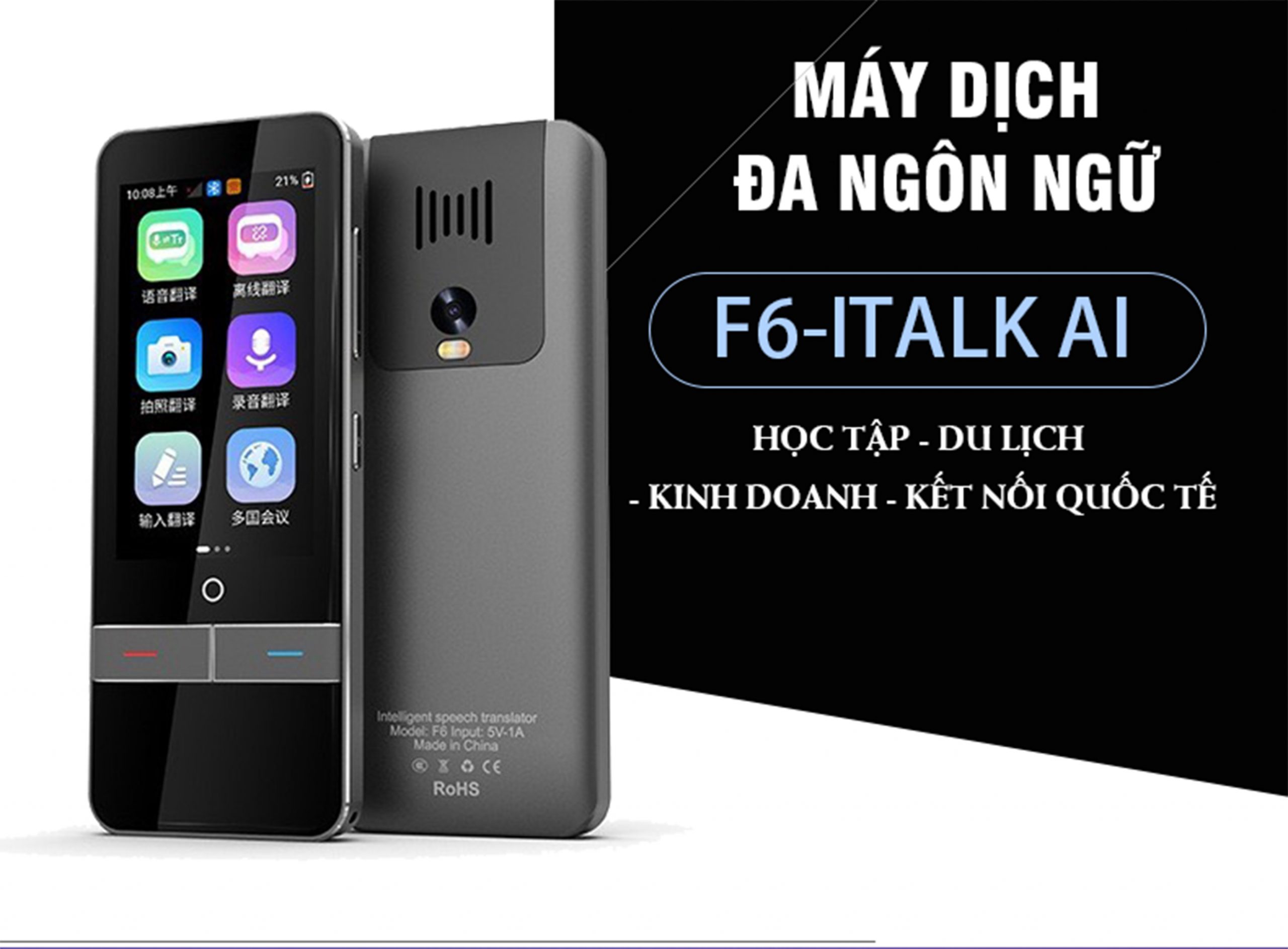 Máy dịch F6 iTalk Dịch 2 Chiều Thông Dịch Đa Ngôn Ngữ Kết Hợp AI Dịch Trực Tiếp Thông Minh Máy Ảnh, Ghi Âm, File